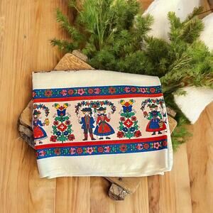 Vintage Swedish Folk Art Tablecloth-Linen 50x41''-Scandinavian-Dutch-German-60s
